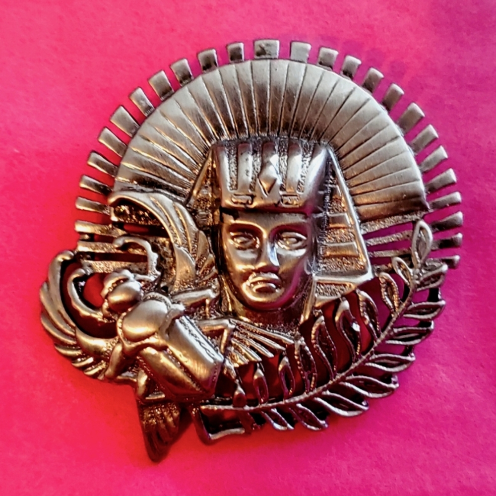 Vintage Egyptian Pharoah and scarab pewter silver brooch pin